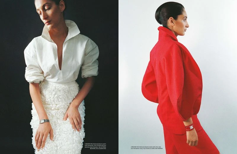 Editorial fashion shot of a woman wearing a white outfit with a Longines watch, and a woman in a red suit with a Longines watch.