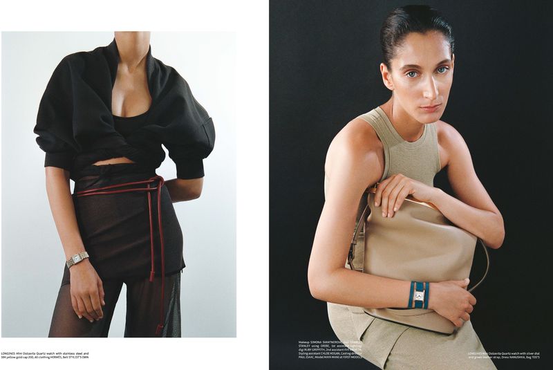 Two women in studio wearing fashionable clothing, one in black with a sheer skirt and the other in beige with a large purse.