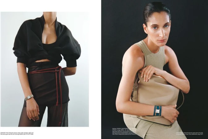 Two women in studio wearing fashionable clothing, one in black with a sheer skirt and the other in beige with a large purse.