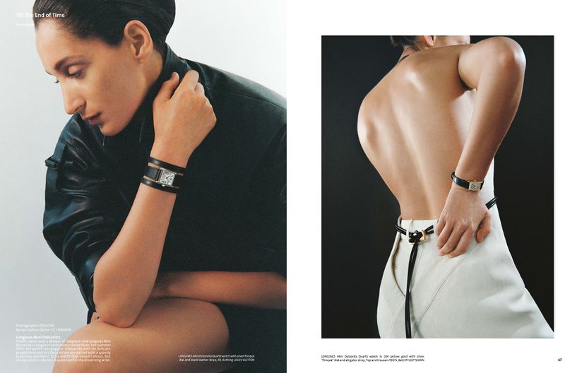 Woman in black jacket with watch and woman's bare back with watch, both in studio lighting and fashion style.