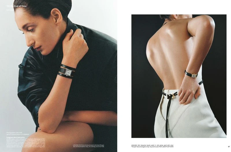 Woman in black jacket with watch and woman's bare back with watch, both in studio lighting and fashion style.