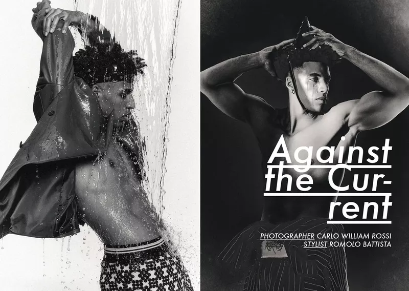 A diptych showing a man posing under falling water, wearing a dark jacket and patterned shorts, with bold white text overlay.
