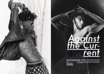 Black and white fashion editorial diptych of a male model posed under splashing water and wearing patterned garments.