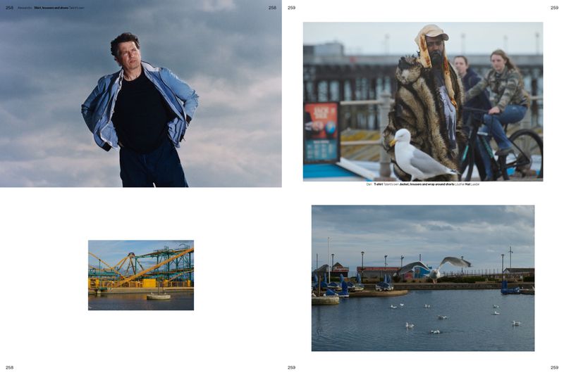 Magazine spread featuring a man in a jacket against a cloudy sky, plus images of a seagull, roller coaster, and a coastal harbor.