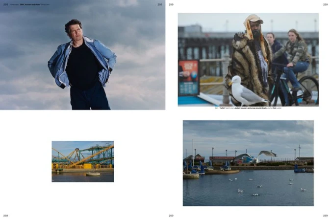 Magazine spread featuring a man in a jacket against a cloudy sky, plus images of a seagull, roller coaster, and a coastal harbor.