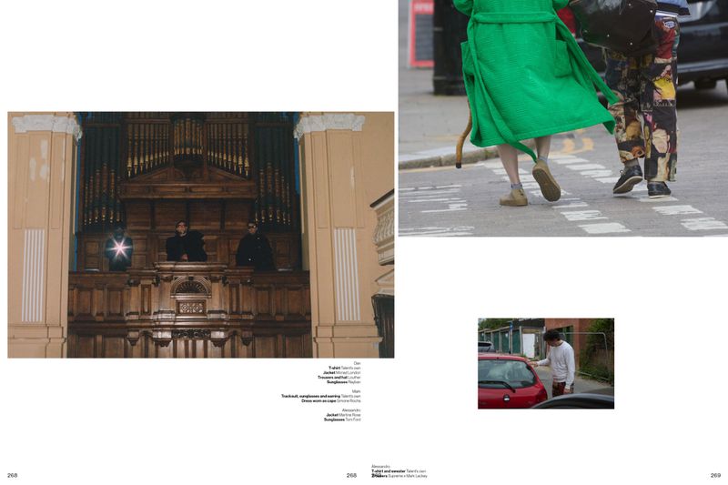 A compilation image featuring a church organ, people on a city street wearing a green coat, and a man next to a red car.