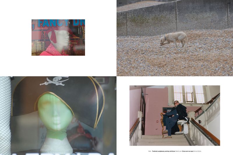 Four images in a collage: fancy dress shop, dog on a beach, pirate hat on a mannequin, man on a staircase.