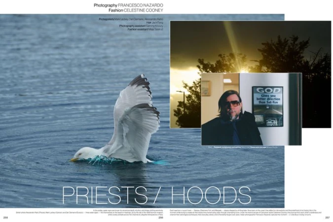 Magazine spread shows a seagull in water, a landscape at sunset, and a man with dark hair, beard, and sunglasses in an indoor scene.