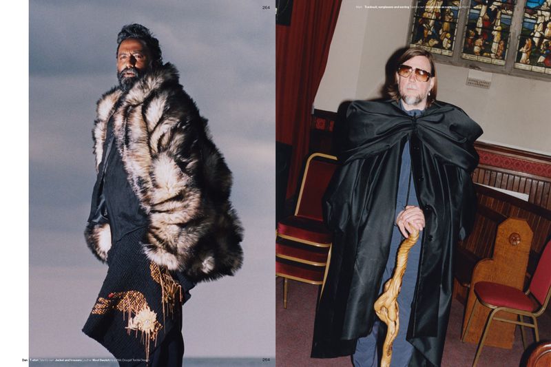 Fashion editorial featuring two adult men wearing statement outerwear in a photo studio with neutral and indoor backgrounds, respectively.