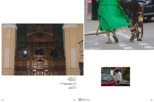 Editorial magazine spread featuring a person in a bright green coat walking on a street beside someone in collage trousers.