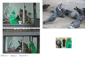 Editorial magazine spread featuring barbershop window views with styled subjects, a flock of pigeons on pavement, and candid portraits.