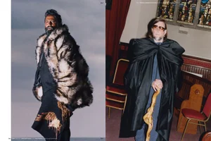 Editorial spread featuring a bearded man in a voluminous faux fur coat and artist Mark Leckey wearing a black cloak with a wooden cane.