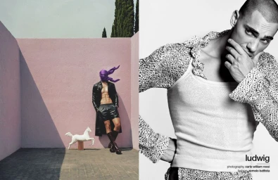 Fashion diptych featuring a masked model in leather by a pink wall and a close-up portrait in a printed ruffled shirt.