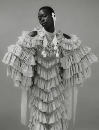 Black woman wearing a sculptural tiered ruffle gown and long tassel earrings in a black and white studio portrait.