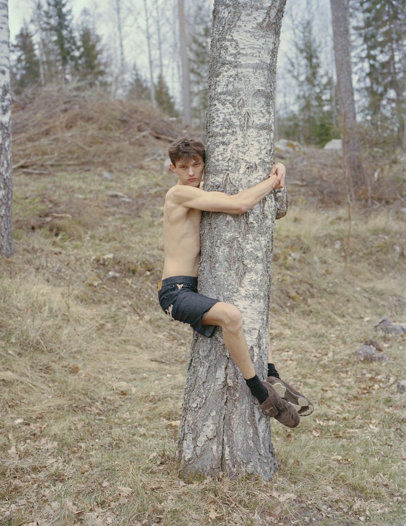 A shirtless young man climbs a birch tree in a forest, his arms wrapped around the trunk, creating an intimate connection with nature.