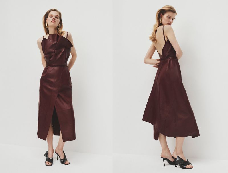 A blonde model wears a deep burgundy leather midi dress in two poses, front and back view, against a solid off-white background.