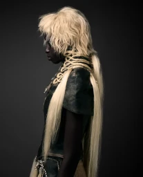 Profile studio portrait of model Blessing Ifeoluwa in a black leather top with ornate braided rope collar and long blonde hair.