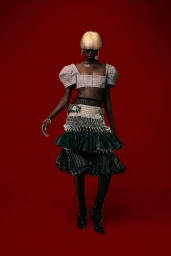 Model Blessing Ifeoluwa wearing a plaid puff-sleeve crop top and tiered ruffled skirt against a deep red backdrop.