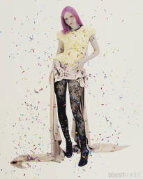 Woman with bright pink hair wearing a yellow top, draping beige fabric, and lace tights standing amidst falling confetti.