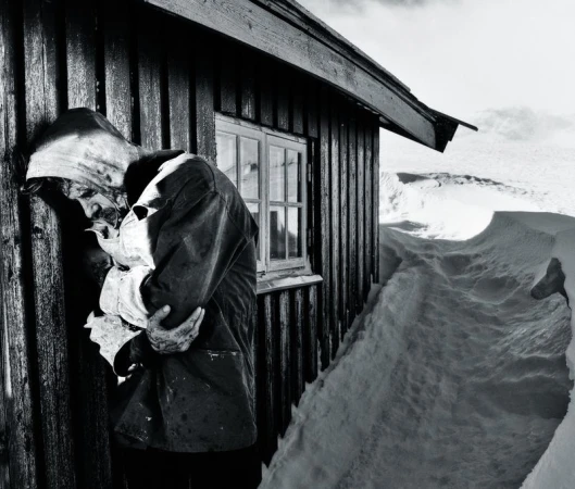 A man in a hooded work jacket leaning his head against a weathered wooden cabin wall surrounded by deep snow.