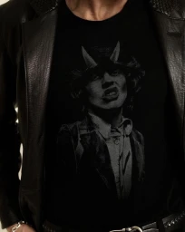 Model wearing a black leather jacket over an Angus Young graphic print t-shirt for John Varvatos.