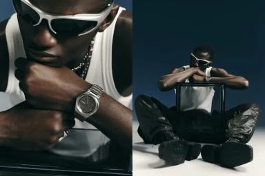 Model Osman Ceesay wearing futuristic silver sunglasses, a stainless steel watch, and a white tank top in a dual-panel studio shoot.