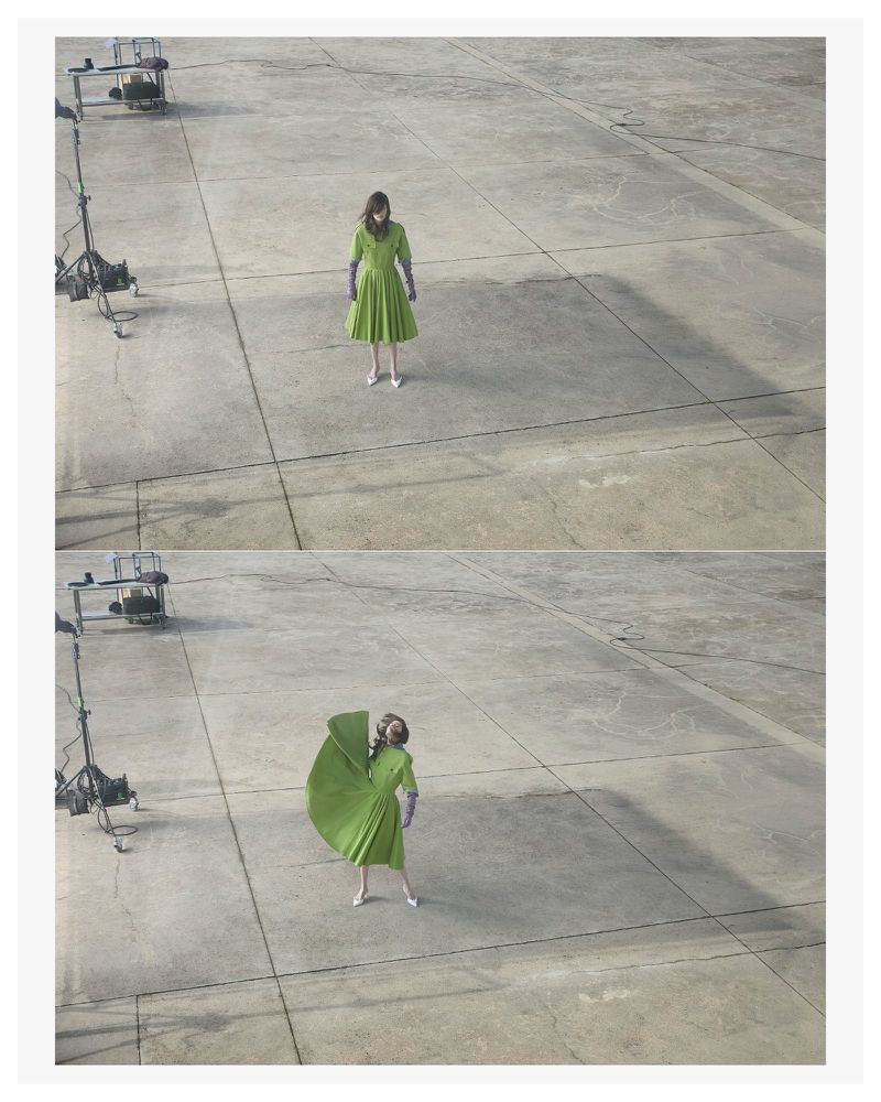 High-angle diptych of a woman in a pleated lime green dress and purple gloves standing on a concrete ground.