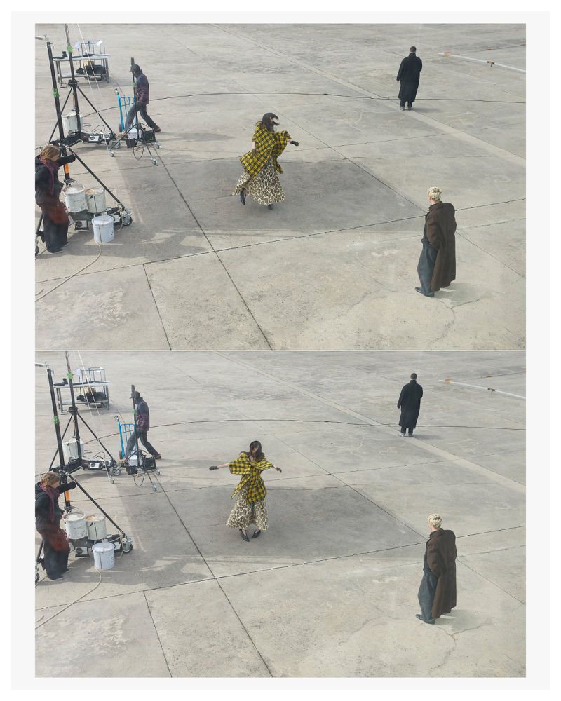 A two-frame vertical collage shows a woman in a yellow plaid jacket and floral dress on a concrete film set with crew and equipment.