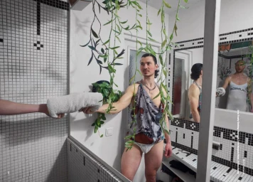 Man in patterned singlet and underwear standing in a tiled bathroom, receiving a towel from an off-camera hand.