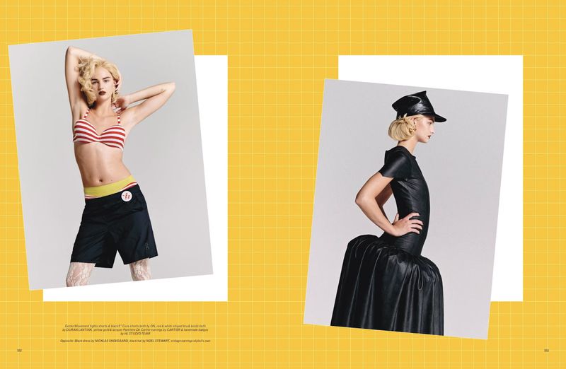 Two fashion models pose in swimwear and a black dress against a yellow grid background, showcasing contrasting summer and formal styles.