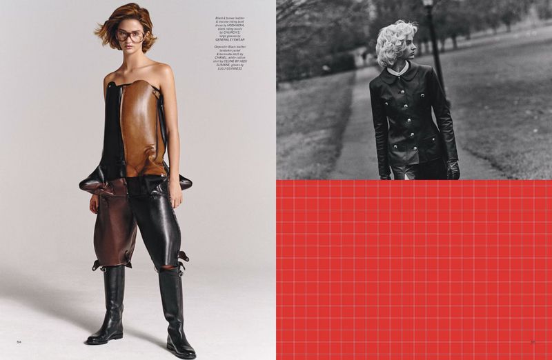 Editorial fashion shot featuring a woman in a brown and black leather outfit and boots, set against a neutral background in a magazine spread.