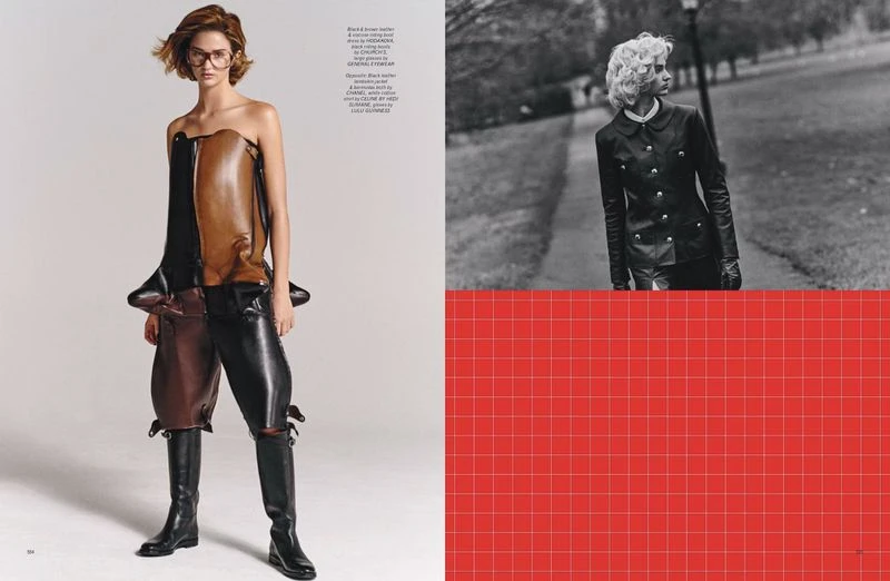 Editorial fashion shot featuring a woman in a brown and black leather outfit and boots, set against a neutral background in a magazine spread.