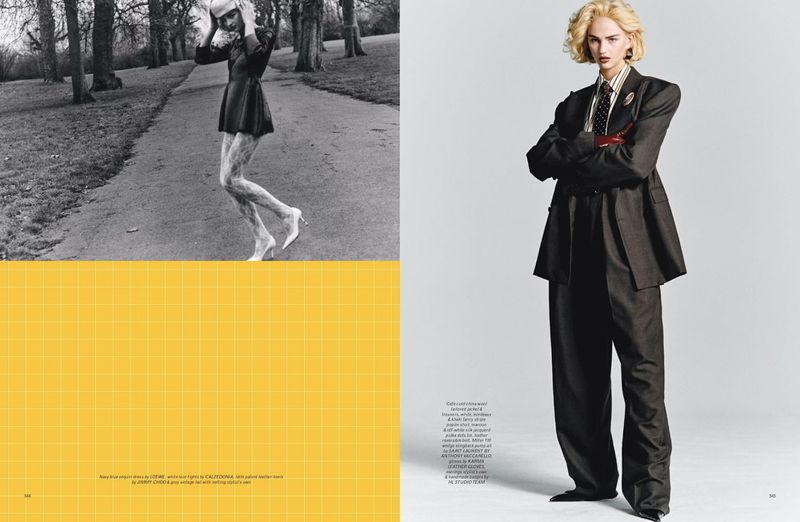 Fashion editorial spread featuring a woman in a black dress walking on a path in a park and a woman in an oversized suit.