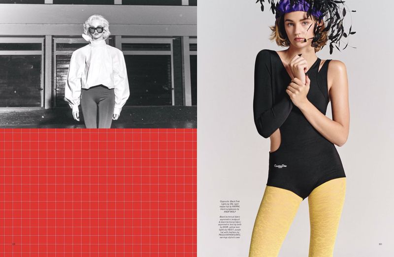 Editorial fashion shot of a woman in a black bodysuit and feathered hat, alongside a black and white image with a red grid.