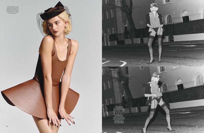 Fashion editorial image features a woman in a brown dress and hat against a gray backdrop, with a black and white street scene collage.