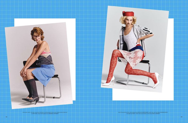Two fashion magazine pages with two young women in vintage-inspired outfits sitting on chairs against white and blue grid backgrounds.