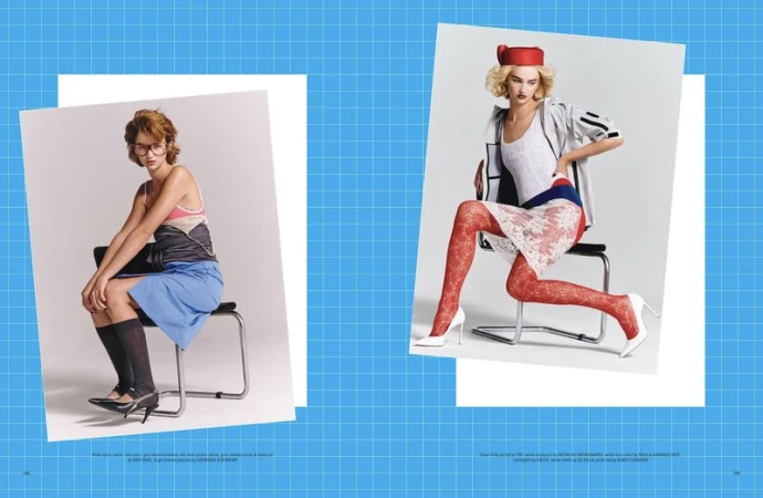 Two fashion magazine pages with two young women in vintage-inspired outfits sitting on chairs against white and blue grid backgrounds.