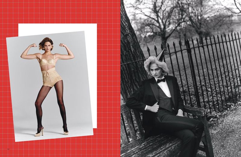Two distinct monochrome fashion shots. On the left, a woman in retro lingerie poses; on the right, a woman in a tuxedo sits outside.