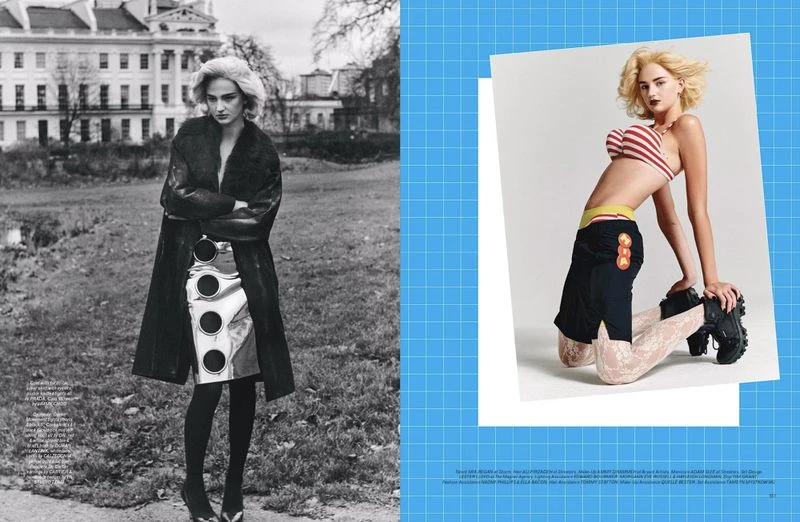 Fashion editorial split image: a woman in a black coat and silver skirt outdoors contrasted with a woman in swimwear indoors.