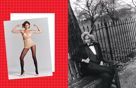 Magazine editorial spread featuring model Mia Regan in vintage lingerie on the left and seated in a tuxedo in a park on the right.