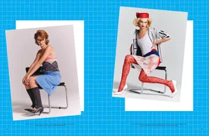 Editorial spread of model Mia Regan in two seated poses with vintage-styled outfits over a bright blue grid background.