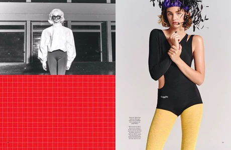 Editorial spread featuring Mia Regan in a black bodysuit and yellow tights with a feather hat for Pop Magazine by Mel Bles.