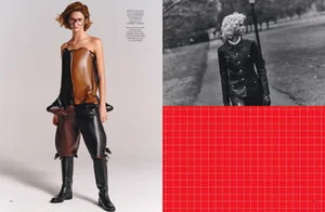 Magazine spread with Mia Regan in a two-tone leather outfit on white backdrop beside a black-and-white outdoor shot and red grid.