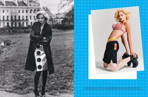 Editorial spread of model Mia Regan featuring a black and white outdoor portrait alongside a colorful studio fashion portrait.