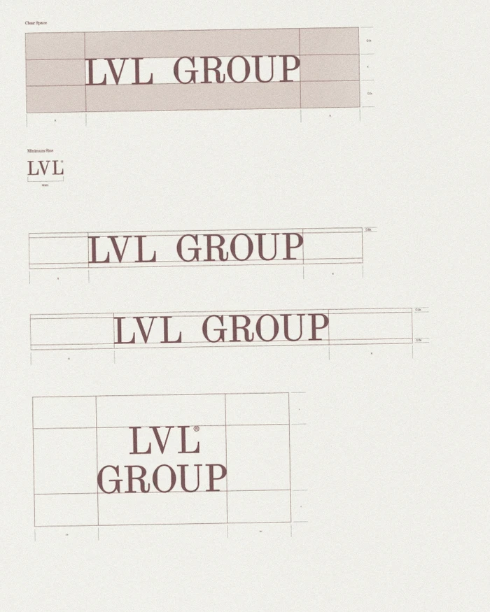 Brand identity construction sheet displaying logo lockups, grid lines, and clear space rules for LVL Group on off-white paper.