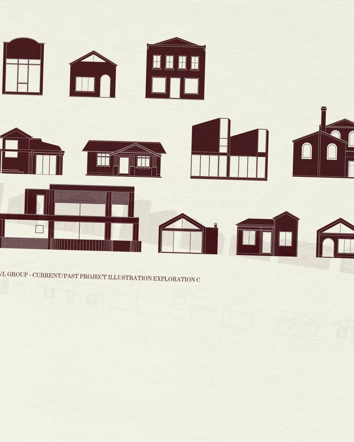 Architectural line illustrations of various houses and building elevations printed in dark burgundy on off-white paper.