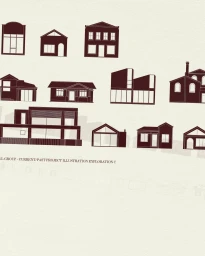 Architectural line illustrations of various houses and building elevations printed in dark burgundy on off-white paper.