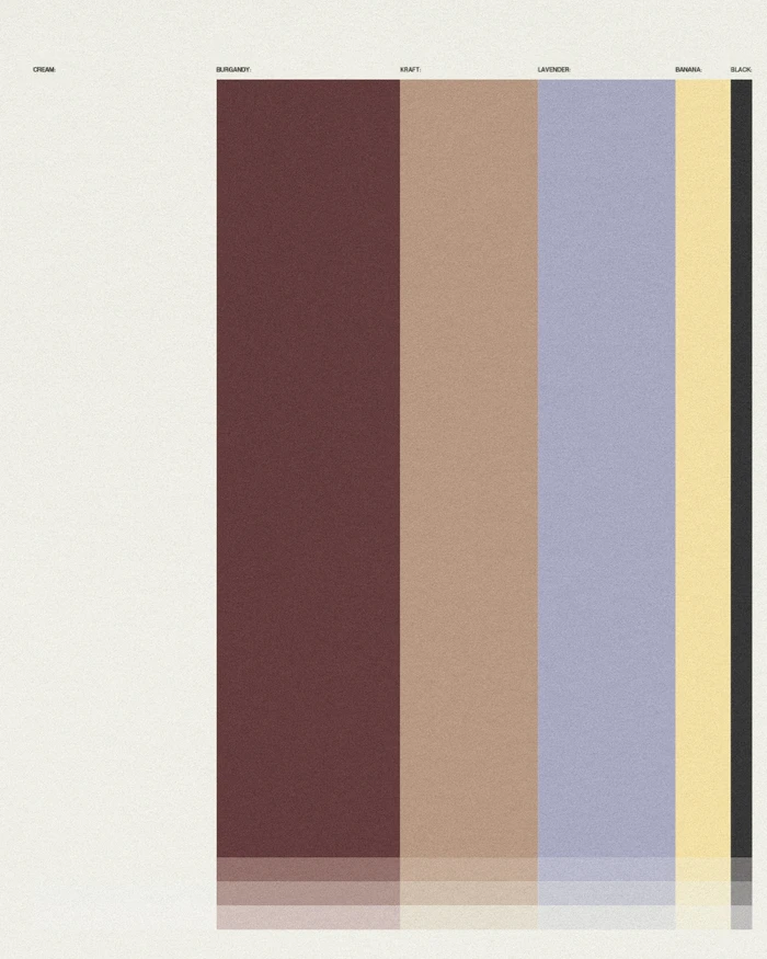 Graphic color swatch palette displaying vertical stripes in burgundy, kraft brown, lavender, pale yellow, and black on textured paper.