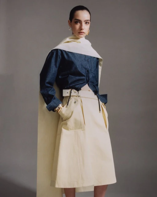 A woman in a blue denim shirt, beige skirt, and cream shawl poses in a studio with a grey backdrop for a fashion editorial shoot.