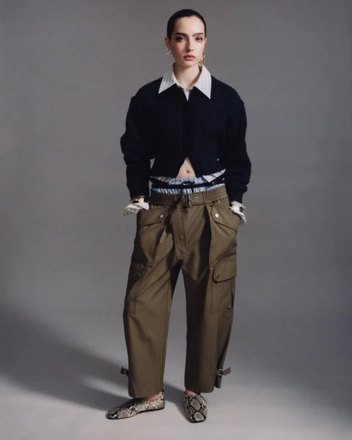 Fashionable adult female in a blue cardigan, olive green pants, and snakeskin shoes poses in a studio setting with a gray background.